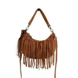 NWT Marlon Suede Brown Fringe Crescent Made in Italy Shoulder Bag